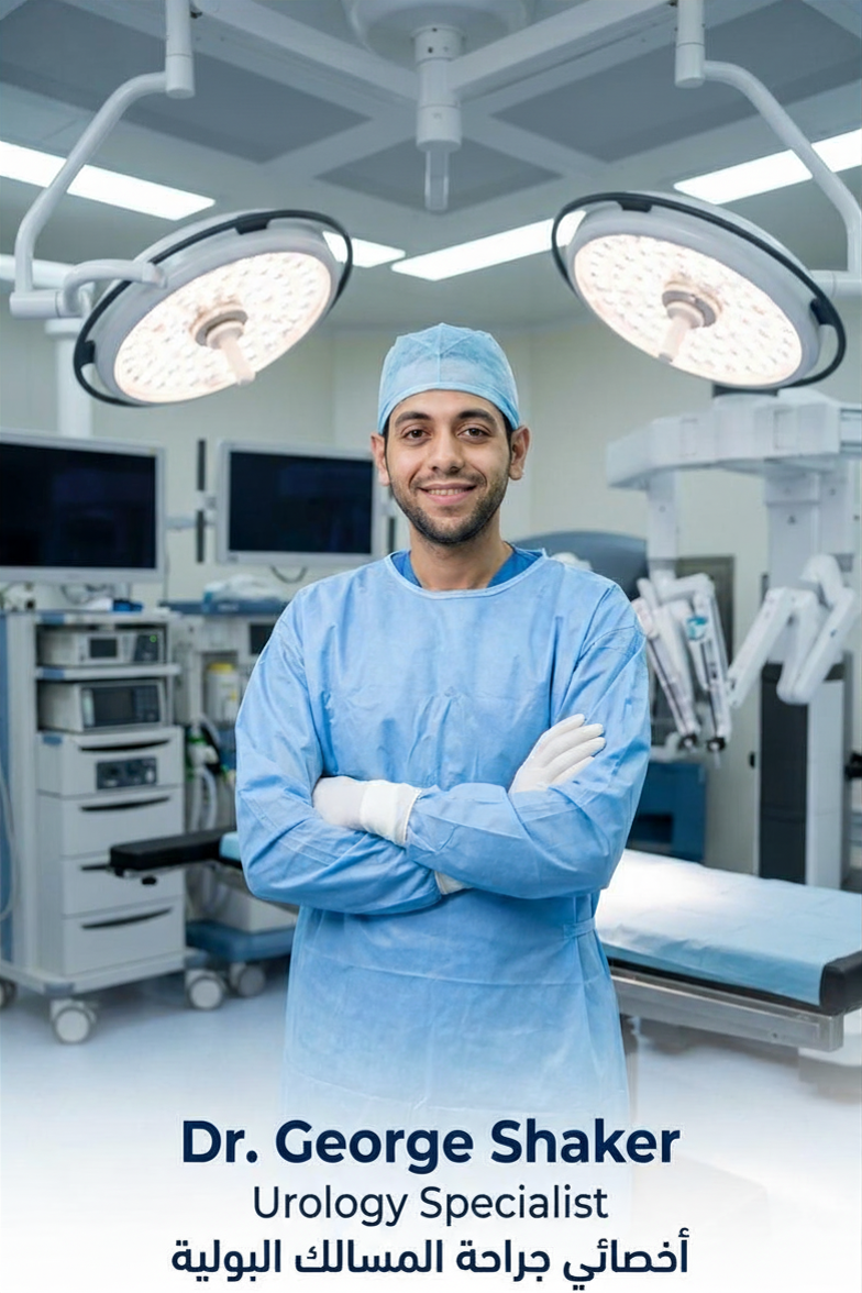 Dr George Shaker, NHS Urology Registrar, in surgical scrubs in an operating theatre